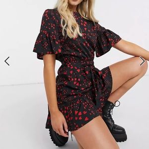 Influence tie-waist flippy hem mini dress in heart print